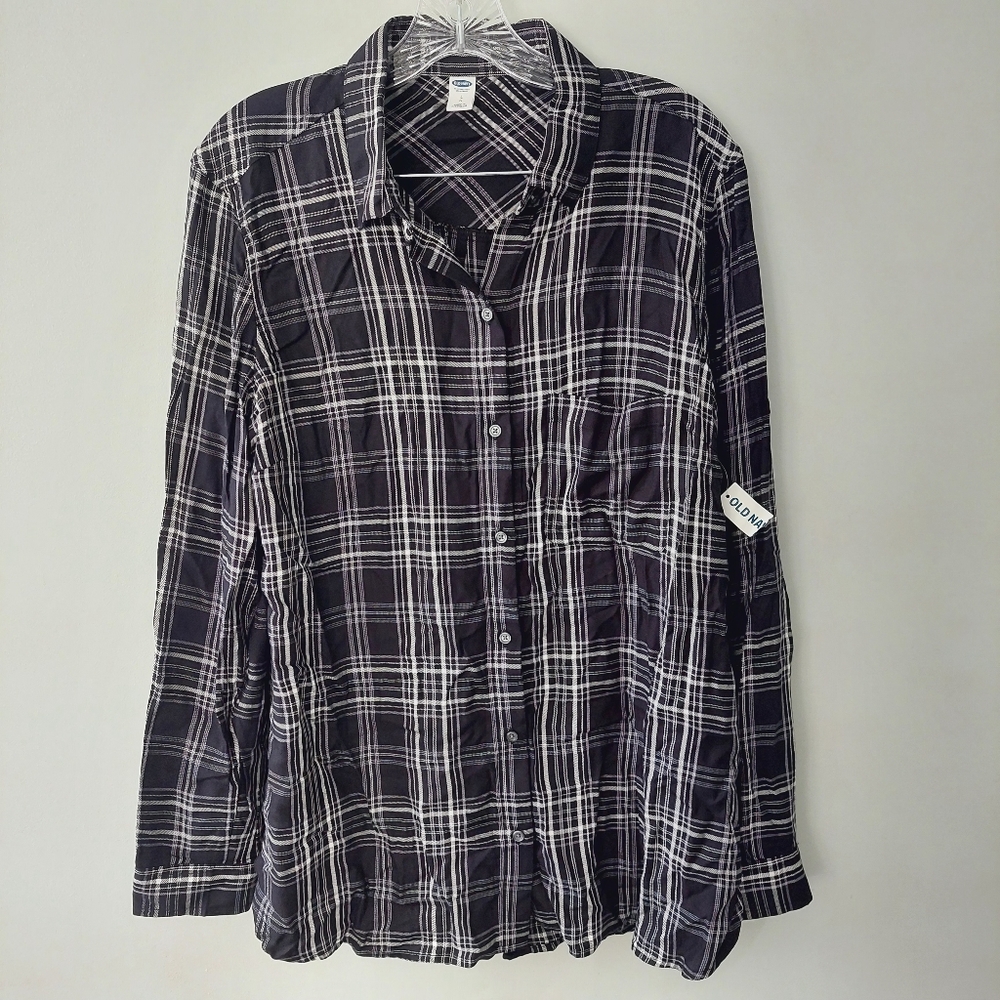 Old Navy Button-up shirt Large black white plaid long sleeve collared - Picture 1 of 8
